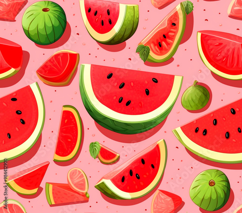 Seamless pattern with bright red watermelon photo