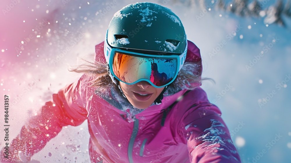 Skier woman colorful jacket ski helmet and goggle snowboarding down a snowy mountain Skier woman colorful jacket ski helmet and goggle snowboarding down a snowy mountain