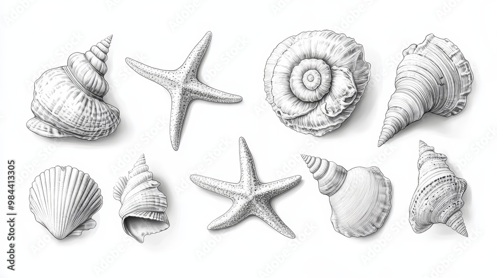 Obraz premium Elegant Monochrome Seashells and Starfish Illustration for Beach-themed Designs and Nature Decor with Copy Space