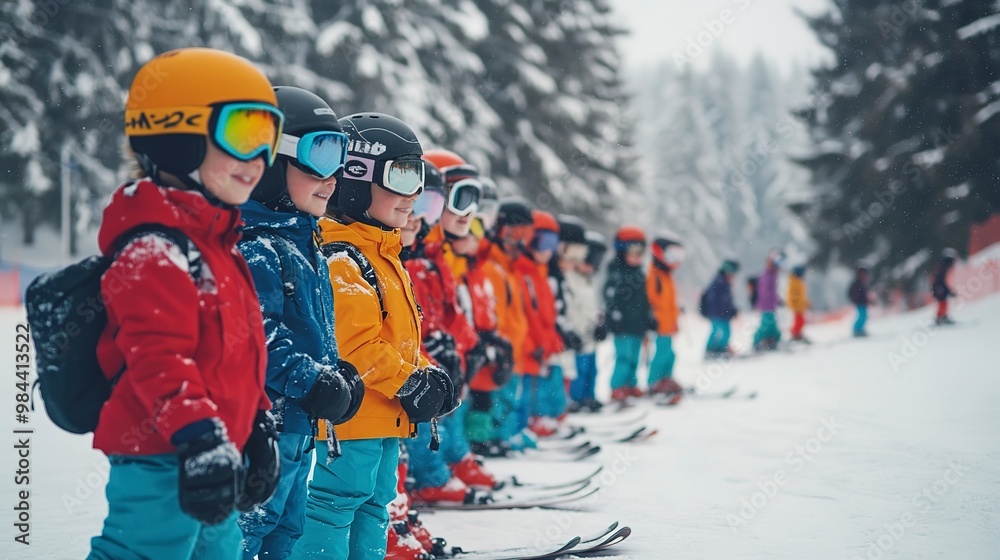 custom made wallpaper toronto digitalSki school children in line. Happy children. Children learning how to ski with their coach. Ski holiday, Children learning to ski 
