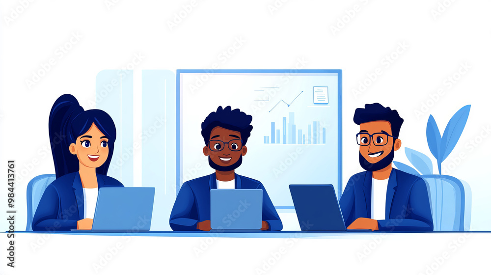 Team brainstorming in a modern office with charts and laptops during a productive morning meeting Team brainstorming in a modern office with charts and laptops during a productive morning meeting