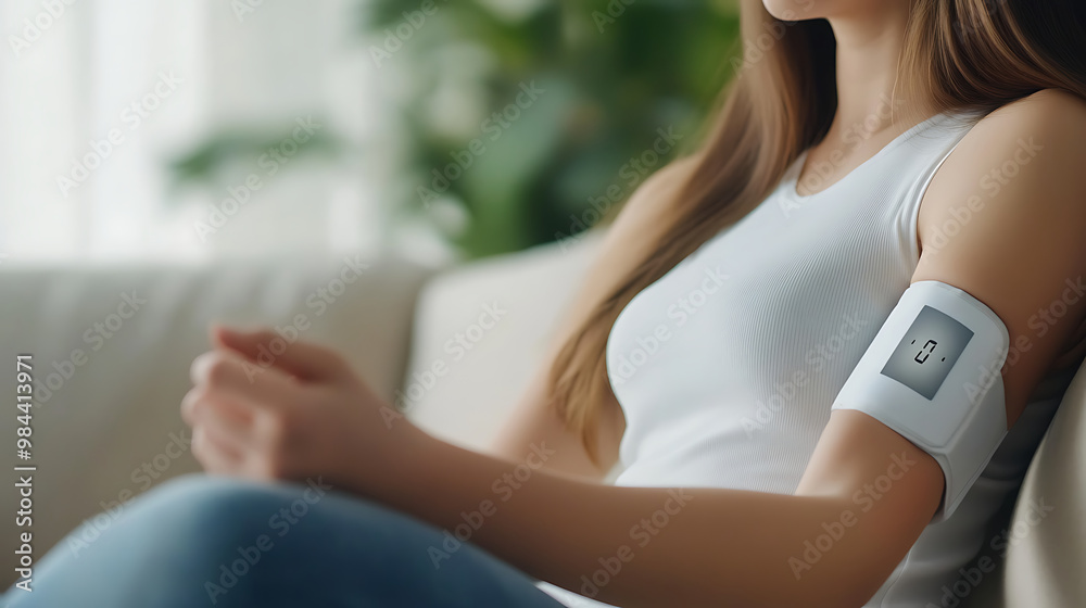 Close-up of arm of young woman sitting on couch checking high blood pressure and heart rate with self-monitoring digital arm monitor machine at home. Health and medical. Close-up of arm of young woman sitting on couch checking high blood pressure and heart rate with self-monitoring digital arm monitor machine at home. Health and medical.