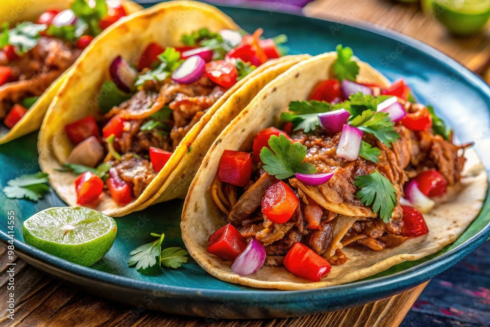 Richly flavored red chili-braised shredded beef fills crisp tacos, piled high on a blue plate, inviting a taste sensation that will tantalize the senses. Richly flavored red chili-braised shredded beef fills crisp tacos, piled high on a blue plate, inviting a taste sensation that will tantalize the senses.