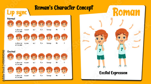 An australian excited boy cartoon character AKA Roman, little boy cartoon vector. Excited face expressions and lip sync. Set of cute boy with various hand gesture and front and 1/3 standing pose.