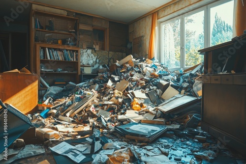 Chaos after Household Renovations: Urgent Cleanup Needed | Messy Home Improvement Disaster with Debris Pile, Restoration Project Failure, Copy Space for Text