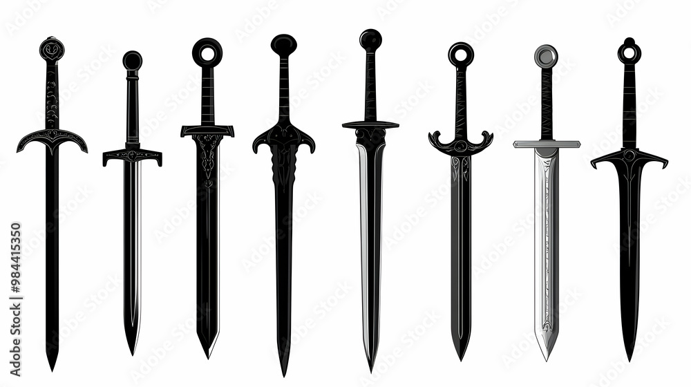A Collection of Eight Detailed Silhouettes of Medieval Swords with Different Blade Shapes and Designs