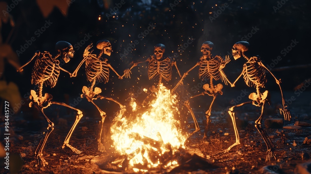 Fototapeta premium Skeletons dancing around a bonfire in a dark
