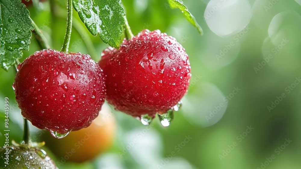 Obraz premium Fresh ripe red cherries with water drops on a branch. Summer fruits.