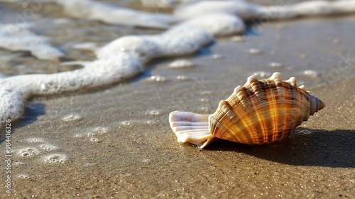 A beautiful shell image on a sandy beach. The shell has unique colors and patterns. It lies on the beach, surrounded by grains of sand