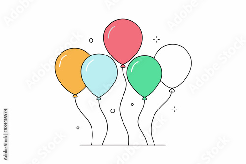 line art colorful happy birthday balloons on white background