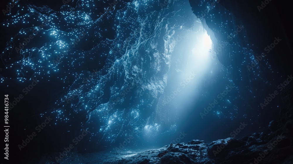 Fototapeta premium A beam of light shines through the entrance of a dark, icy cave. The light illuminates the cave walls, creating a sense of mystery and wonder.