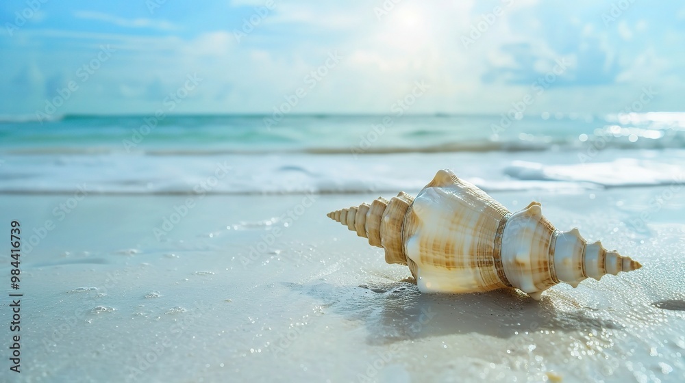 A beautiful shell image on a sandy beach. The shell has unique colors and patterns. It lies on the beach, surrounded by grains of sand A beautiful shell image on a sandy beach. The shell has unique colors and patterns. It lies on the beach, surrounded by grains of sand
