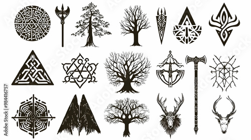 Collection of Black and White Vector Illustrations of Trees, Geometric Shapes, Weapons, and Animal Heads with a Celtic and Norse Theme