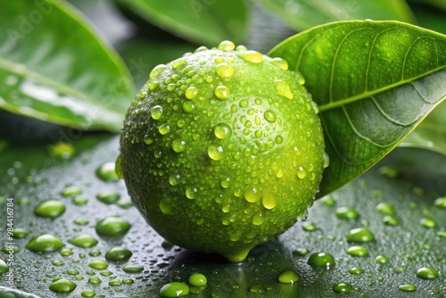 Small, green key lime sits peacefully on a bed of fresh leaves, dew-kissed drops glistening in the morning sun's warm rays. photo