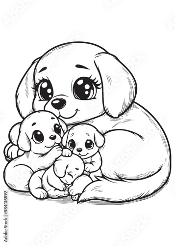 Children coloring page family dog sit together