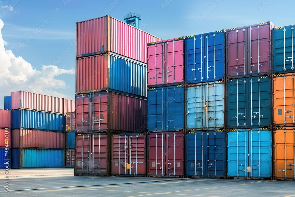 Stacks of cargo containers turning into a maze International Trade Obstacles confusing and complex trade barriers represented through cargo Stacks of cargo containers turning into a maze International Trade Obstacles confusing and complex trade barriers represented through cargo