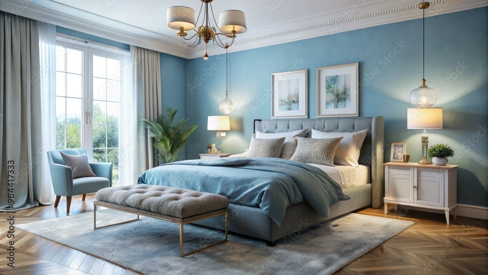 Fototapeta premium Soft blue light envelops a serene bedroom, where a plush bed and plush textiles invite relaxation, softened by delicate patterns and gentle textures.