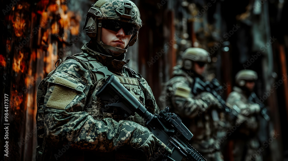 A Close Up Portrait of a Soldier in Camouflage Holding a Rifle, with Two Other Soldiers in the Background Standing Against a Wall of Burned Wood A Close Up Portrait of a Soldier in Camouflage Holding a Rifle, with Two Other Soldiers in the Background Standing Against a Wall of Burned Wood