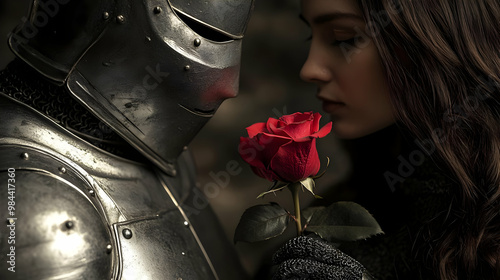 A Knight in Shining Armor Presents a Red Rose to a Woman in a Dark Forest Setting
