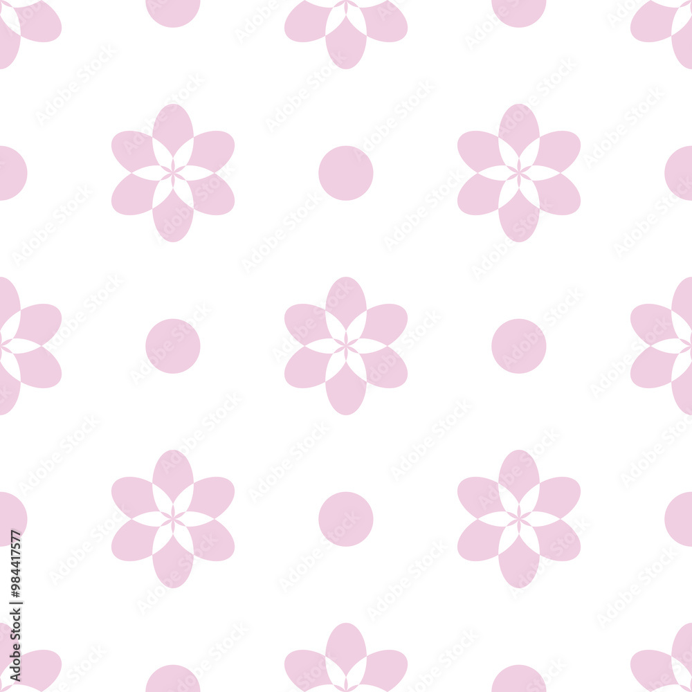 A repeating pattern featuring soft pink flowers and circles on a white background, suitable for textiles or decorative purposes. A repeating pattern featuring soft pink flowers and circles on a white background, suitable for textiles or decorative purposes.