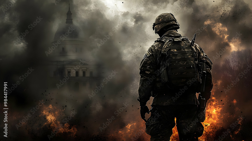 A Soldier Stands Amidst a Smoky and Fiery Battlefield with a Destroyed Building in the Background, a Visual Depiction of the Devastation of War. A Soldier Stands Amidst a Smoky and Fiery Battlefield with a Destroyed Building in the Background, a Visual Depiction of the Devastation of War.