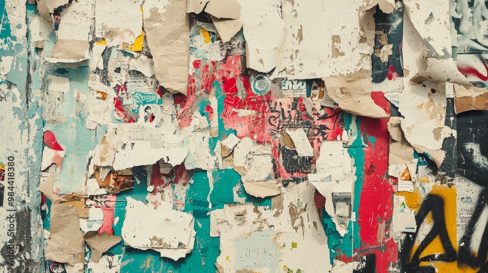 Fototapeta premium Peeling paint on city wall reveals layers of colorful old posters, creating abstract textured background full of history and character