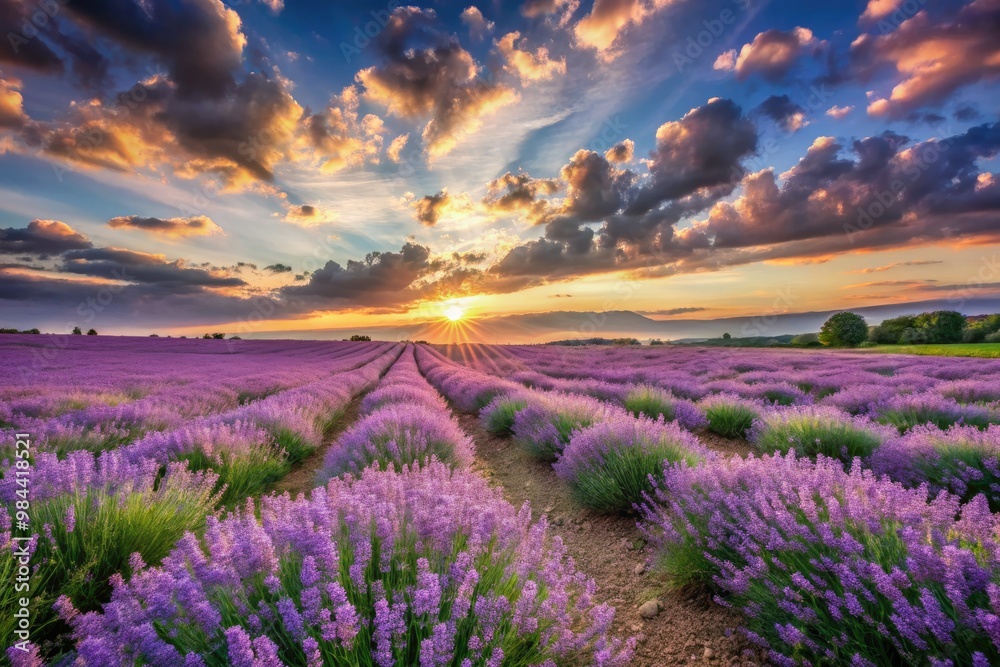 Fototapeta premium Softly swaying lavender petals dance in the warm summer air, surrounded by a tapestry of purple hues, under a cloudless blue expanse.