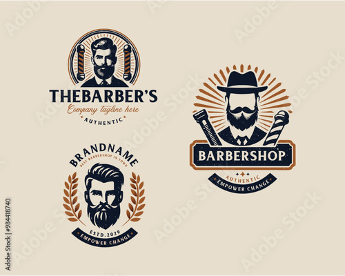 Set bundle vintage barbershop gentleman beard and mustache logo for business company
