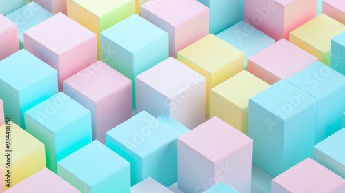 Colorful pastel cubes form a mesmerizing 3d pattern on a modern, clean background. Soft and shiny, this geometric artwork is elegant and symmetrical