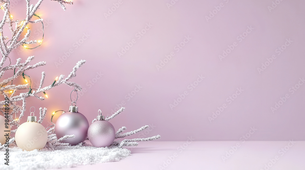 Decorative Christmas ornaments on a frosted branch with glowing lights against a soft pink lilac background Decorative Christmas ornaments on a frosted branch with glowing lights against a soft pink lilac background