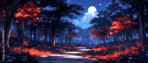 A serene forest path illuminated by a full moon, surrounded by vibrant red foliage and a tranquil night sky.