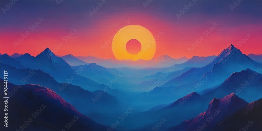 Serene minimalist mountain landscape with bold outlines and large sun Serene minimalist mountain landscape with bold outlines and large sun