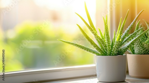 A peaceful indoor scene featuring a vibrant aloe vera plant on a windowsill, with sunlight streaming through, creating a serene and calming atmosphere perfect for relaxation.