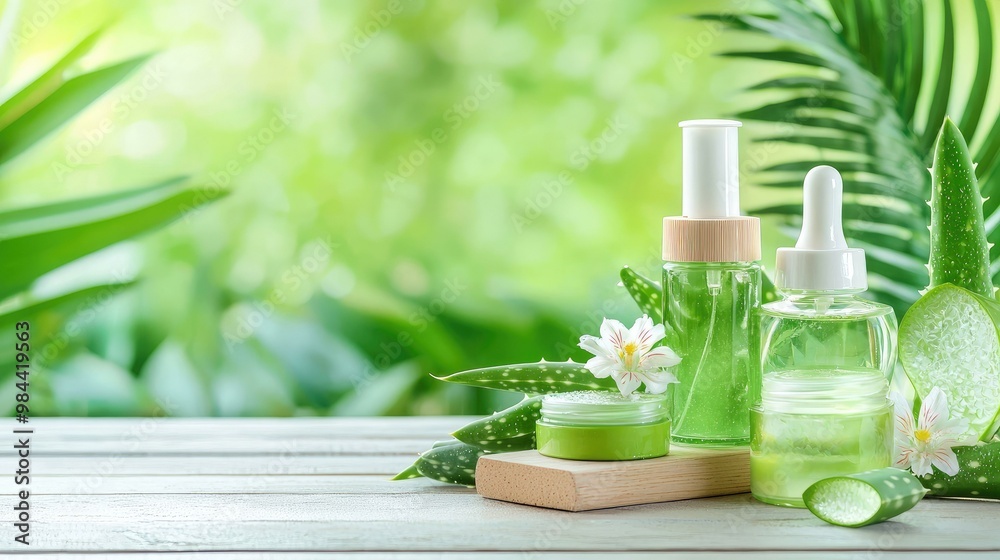 Aloe vera skincare products elegantly displayed on a rustic wooden table, surrounded by vibrant fresh leaves and delicate flowers, beautifully illuminated by natural light. Aloe vera skincare products elegantly displayed on a rustic wooden table, surrounded by vibrant fresh leaves and delicate flowers, beautifully illuminated by natural light.