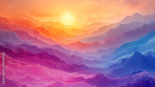 A stunning abstract landscape featuring vibrant colors and layered mountains illuminated by a beautiful sunset.