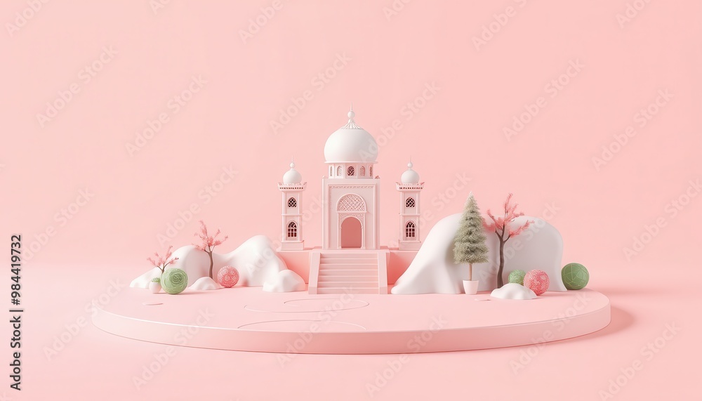3D pink minimal mosque with floral and tree decor. 3D pink minimal mosque with floral and tree decor.