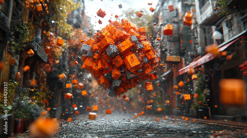 A surreal scene featuring floating orange cubes in a vibrant urban street, creating a captivating visual experience.