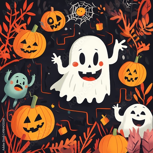 Spooky Halloween Maze Puzzle with Friendly Ghosts, Smiling Pumpkins, and Quirky Monsters - Fun Kids Activity Sheet