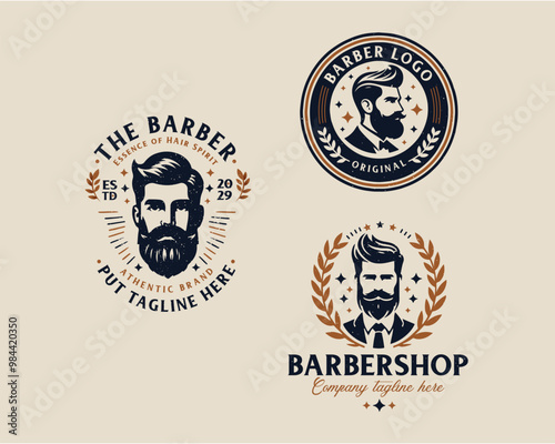 Set bundle vintage barbershop gentleman beard and mustache logo for business company
