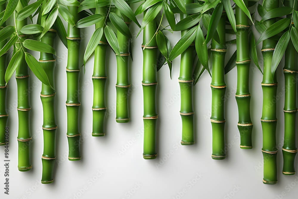 Fototapeta premium Green Bamboo Stalks and Leaves on Light Background - Nature, Calm, Zen, Asian Decor