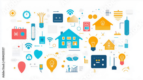 Smart house symbols, home automation technology icons, IoT devices collection, technology concept