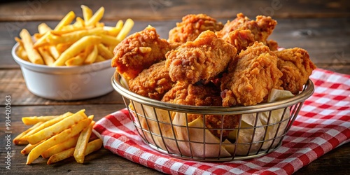 Tasty crispy fried chicken wings and golden french fries arrive in a classic diner basket setting.