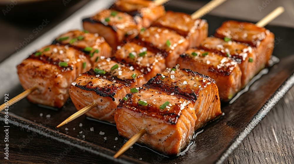 Grilled salmon belly fillets on skewers Grilled salmon belly fillets on skewers