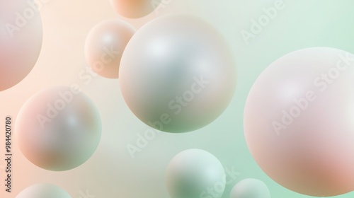 Abstract composition of multiple spheres floating in a viscous fluid, with a gradient background ranging from pink to green