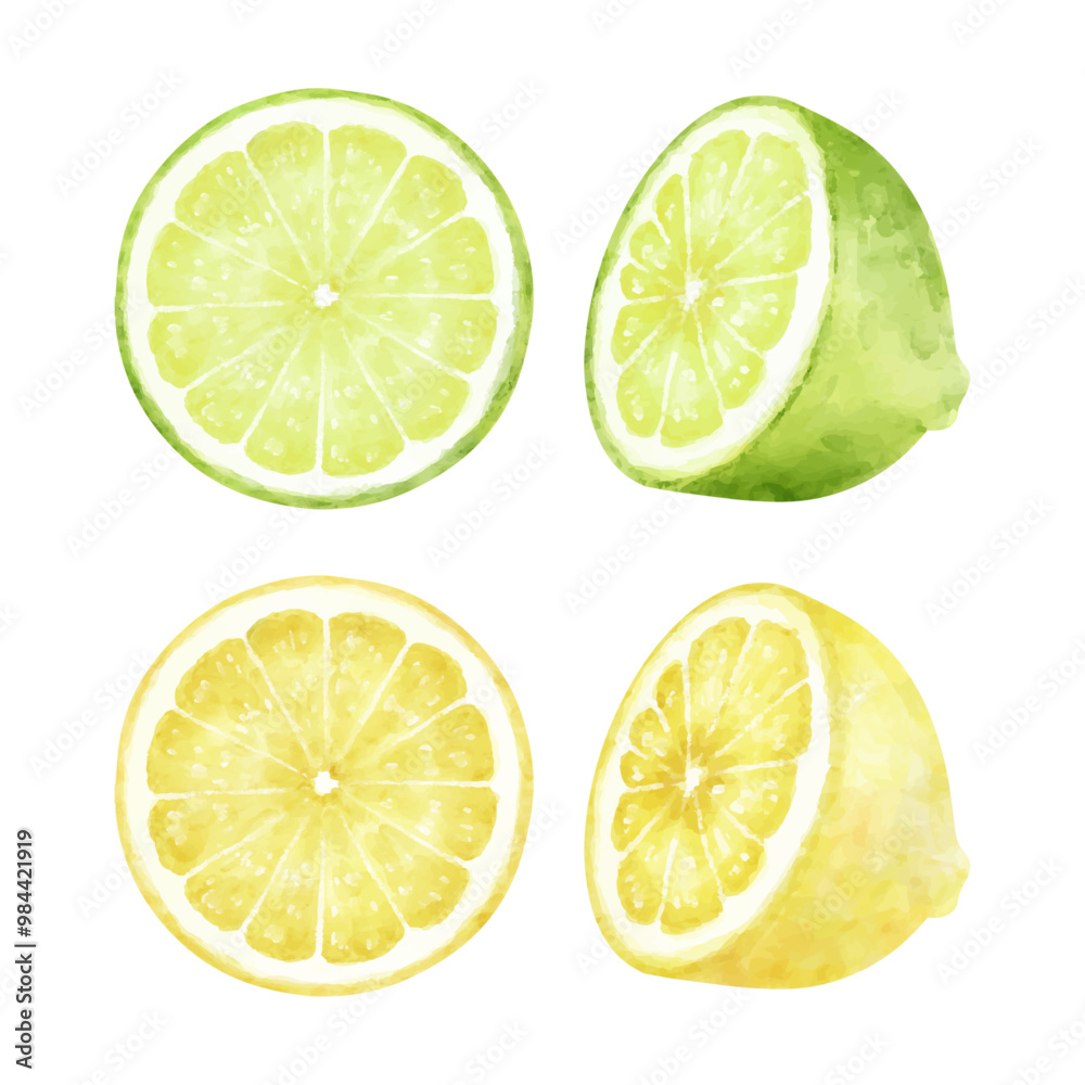 Fototapeta premium 水彩で描いたレモンとライムのイラストセット