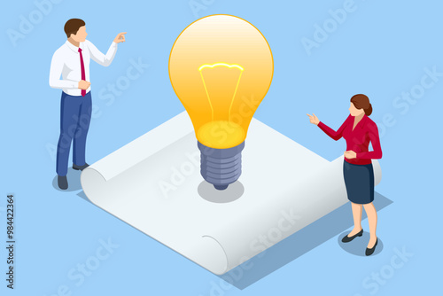 Isometric startup begins with the spark of an idea, like a light bulb, but success relies on business meetings, teamwork, and strategic handling of money