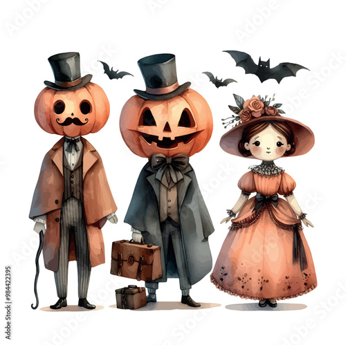 set of halloween illustrations of people in costumes