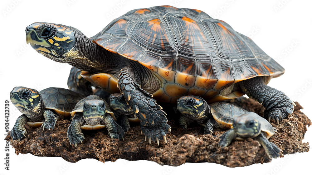 Fototapeta premium Mother turtle and baby turtles on a PNG background