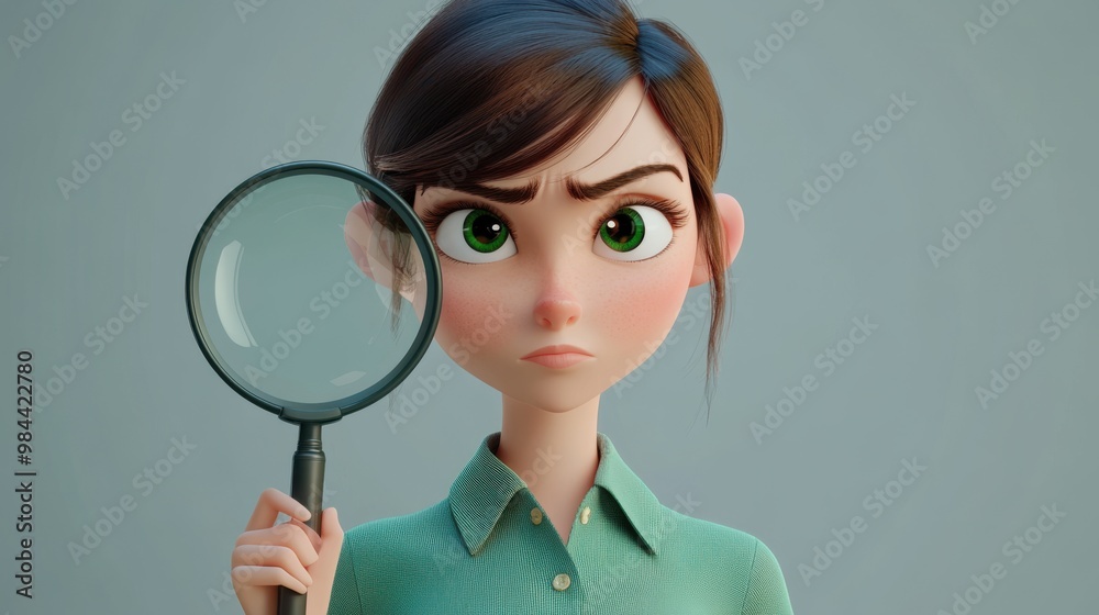 3D character close up portrait of a white woman in a casual green shirt, holding a giant magnifying glass with a curious look, on a light gray gradient backdrop, copy space, cute cartoon style, 3D character close up portrait of a white woman in a casual green shirt, holding a giant magnifying glass with a curious look, on a light gray gradient backdrop, copy space, cute cartoon style,