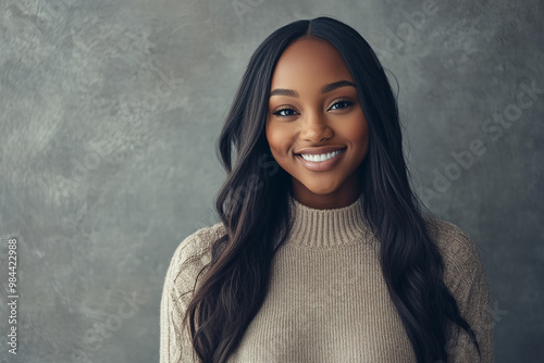 Confident Professional Portrait of an African American Woman with a Radiant Smile, Showcasing Natural Hair and Elegant Attire for Business Branding and Personal Expression